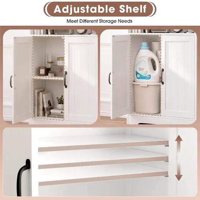 Alt view image 5 of 7 - 43.3" H Bathroom Storage Cabinet with Doors, Freestanding Small Bathroom Cabinet Organizer, Farmhouse Cupboard, Adjustable Shelves, for Laundry Room, Kitchen, Living Room, White
