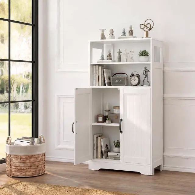 Alt view image 2 of 7 - 43.3" H Bathroom Storage Cabinet with Doors, Freestanding Small Bathroom Cabinet Organizer, Farmhouse Cupboard, Adjustable Shelves, for Laundry Room, Kitchen, Living Room, White