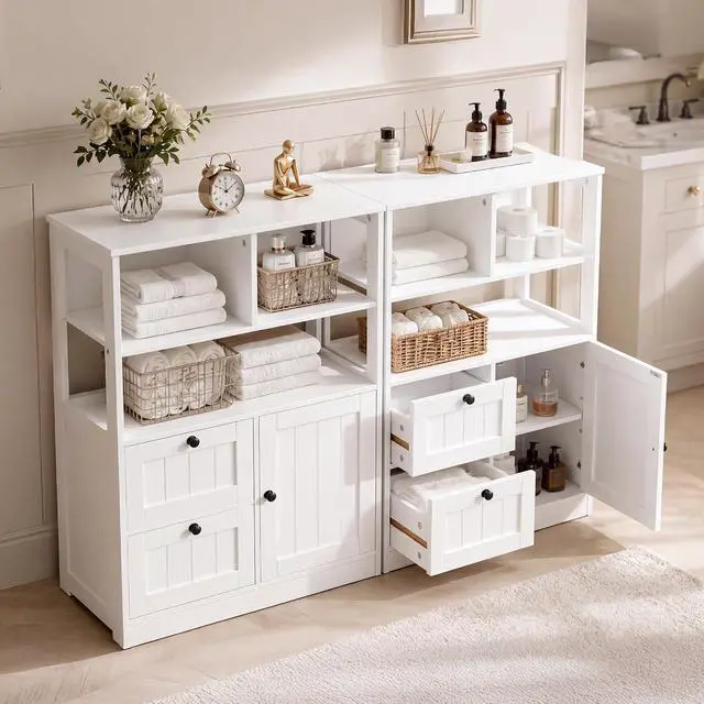 Alt view image 2 of 7 - Bathroom Storage Cabinet with Door and Drawers, Small Freestanding Bathroom Cabinet Organizer, Farmhouse Wooden Cupboard with Adjustable Shelves for Kitchen, Living Room, White