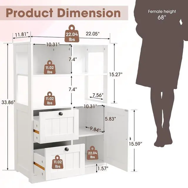 Alt view image 3 of 7 - Bathroom Storage Cabinet with Door and Drawers, Small Freestanding Bathroom Cabinet Organizer, Farmhouse Wooden Cupboard with Adjustable Shelves for Kitchen, Living Room, White