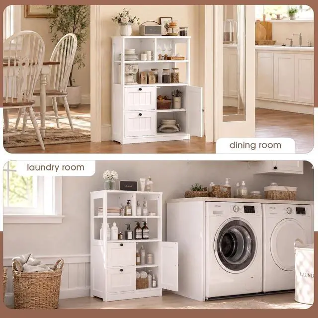Alt view image 6 of 7 - Bathroom Storage Cabinet with Door and Drawers, Small Freestanding Bathroom Cabinet Organizer, Farmhouse Wooden Cupboard with Adjustable Shelves for Kitchen, Living Room, White