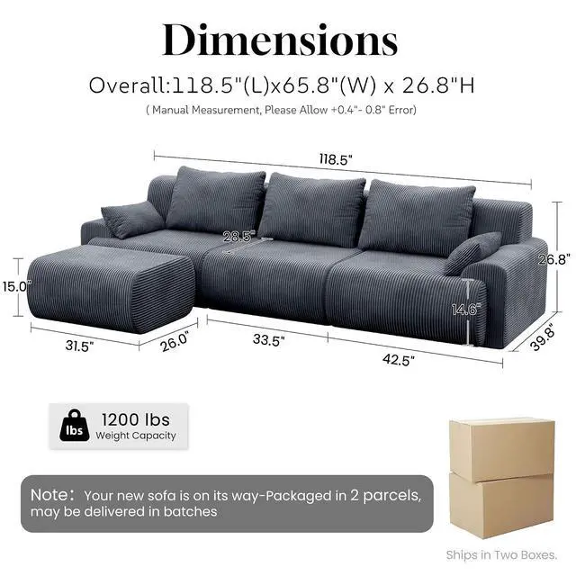 Alt view image 2 of 7 - 118'' Sectional Boneless Oversize Modular Couches, Curved Cloud Sectional Couches for Living Room,Rounded Corner Design L Shape Deep Seat Family Sofa with Ottoman & 3 Throw Pillows, Grey
