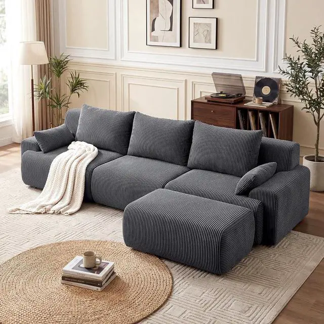 Main image of 118'' Sectional Boneless Oversize Modular Couches, Curved Cloud Sectional Couches for Living Room,Rounded Corner Design L Shape Deep Seat Family Sofa with Ottoman & 3 Throw Pillows, Grey