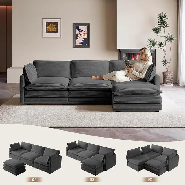 Alt view image 6 of 7 - 104" Modern Modular Sectional Sofa for Living Room, 4-Seat Deep Seat Couch with Movable Ottoman, L-Shaped Corduroy Sofa in Grey for Living Room, Cloud Couch Sectional Set for Bedroom