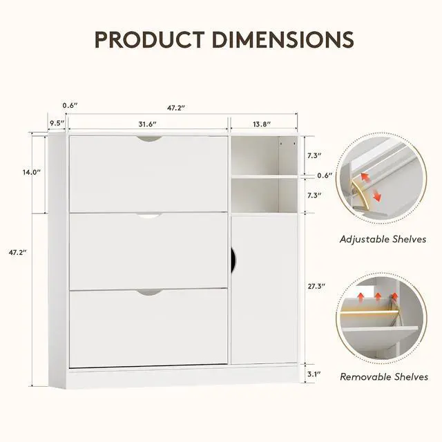 Alt view image 2 of 7 - Shoe Storage Cabinet with 3 Flip Drawers and Storage Space, Adjustable Shelf, Large Capacity Shoe Cabinet for Entryway,Hallway, Mudroom (White)