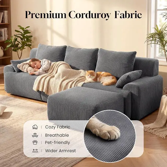 Alt view image 3 of 7 - 118'' Sectional Boneless Oversize Modular Couches, Curved Cloud Sectional Couches for Living Room,Rounded Corner Design L Shape Deep Seat Family Sofa with Ottoman & 3 Throw Pillows, Grey