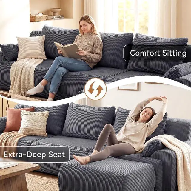 Alt view image 4 of 7 - 118'' Sectional Boneless Oversize Modular Couches, Curved Cloud Sectional Couches for Living Room,Rounded Corner Design L Shape Deep Seat Family Sofa with Ottoman & 3 Throw Pillows, Grey