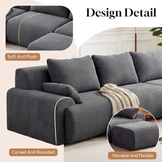 Alt view image 6 of 7 - 118'' Sectional Boneless Oversize Modular Couches, Curved Cloud Sectional Couches for Living Room,Rounded Corner Design L Shape Deep Seat Family Sofa with Ottoman & 3 Throw Pillows, Grey
