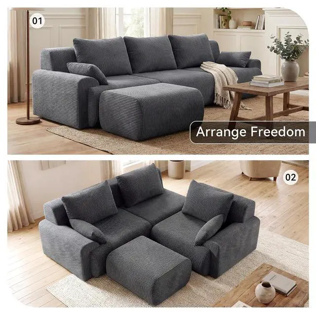 Alt view image 7 of 7 - 118'' Sectional Boneless Oversize Modular Couches, Curved Cloud Sectional Couches for Living Room,Rounded Corner Design L Shape Deep Seat Family Sofa with Ottoman & 3 Throw Pillows, Grey