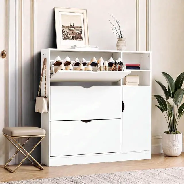 Alt view image 7 of 7 - Shoe Storage Cabinet with 3 Flip Drawers and Storage Space, Adjustable Shelf, Large Capacity Shoe Cabinet for Entryway,Hallway, Mudroom (White)