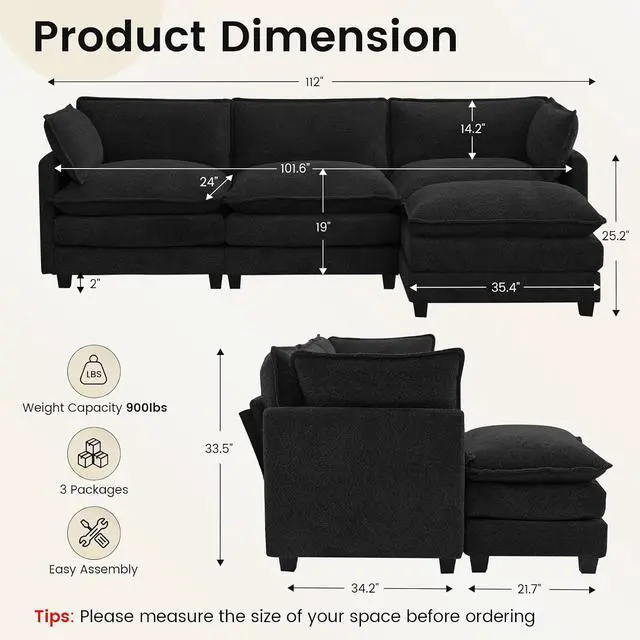 Alt view image 2 of 7 - Oversized Modular Sectional Couch with Movable Ottoman, 112" Modern Convertible L Shaped Sofa Set, 4 Seat Comfy Cloud Couch with 2 Throw Pillows, for Living Room and Office, Chenille, Black