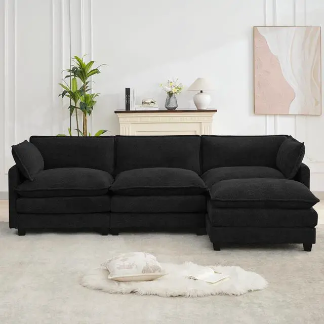 Alt view image 3 of 7 - Oversized Modular Sectional Couch with Movable Ottoman, 112" Modern Convertible L Shaped Sofa Set, 4 Seat Comfy Cloud Couch with 2 Throw Pillows, for Living Room and Office, Chenille, Black