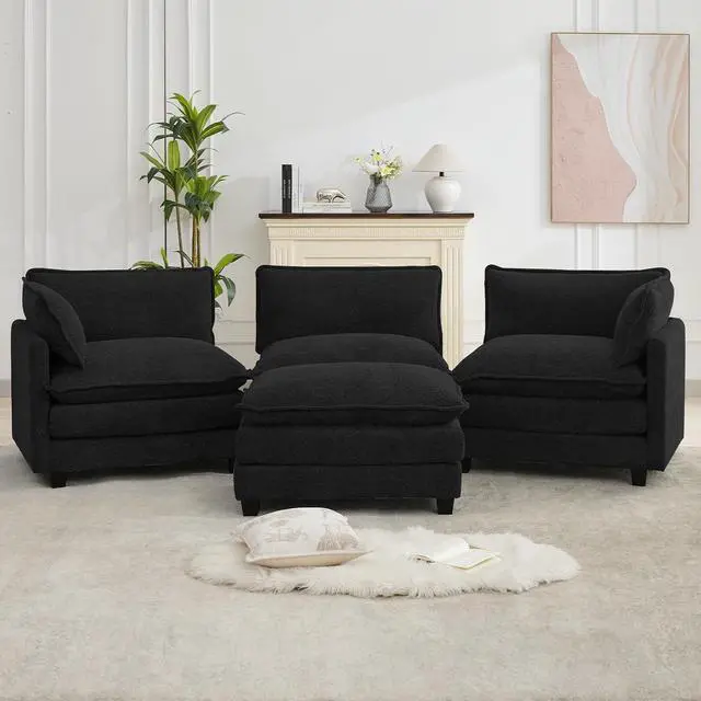 Alt view image 5 of 7 - Oversized Modular Sectional Couch with Movable Ottoman, 112" Modern Convertible L Shaped Sofa Set, 4 Seat Comfy Cloud Couch with 2 Throw Pillows, for Living Room and Office, Chenille, Black