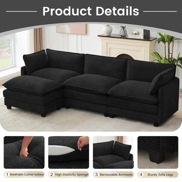 Alt view image 6 of 7 - Oversized Modular Sectional Couch with Movable Ottoman, 112" Modern Convertible L Shaped Sofa Set, 4 Seat Comfy Cloud Couch with 2 Throw Pillows, for Living Room and Office, Chenille, Black