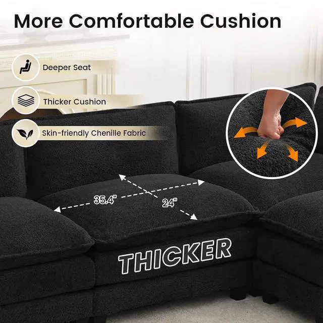 Alt view image 7 of 7 - Oversized Modular Sectional Couch with Movable Ottoman, 112" Modern Convertible L Shaped Sofa Set, 4 Seat Comfy Cloud Couch with 2 Throw Pillows, for Living Room and Office, Chenille, Black
