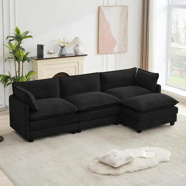 Main image of Oversized Modular Sectional Couch with Movable Ottoman, 112" Modern Convertible L Shaped Sofa Set, 4 Seat Comfy Cloud Couch with 2 Throw Pillows, for Living Room and Office, Chenille, Black
