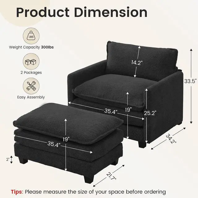 Alt view image 2 of 7 - Convertible Sectional Couch with Ottoman, Single Armchair with armrests, Modern Living Room Furniture Set, Small Couches for Small Spaces, for Living Room, Chenille, Black