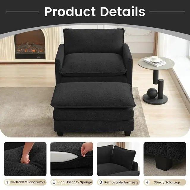 Alt view image 6 of 7 - Convertible Sectional Couch with Ottoman, Single Armchair with armrests, Modern Living Room Furniture Set, Small Couches for Small Spaces, for Living Room, Chenille, Black