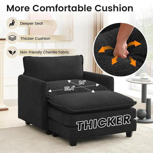 Alt view image 7 of 7 - Convertible Sectional Couch with Ottoman, Single Armchair with armrests, Modern Living Room Furniture Set, Small Couches for Small Spaces, for Living Room, Chenille, Black