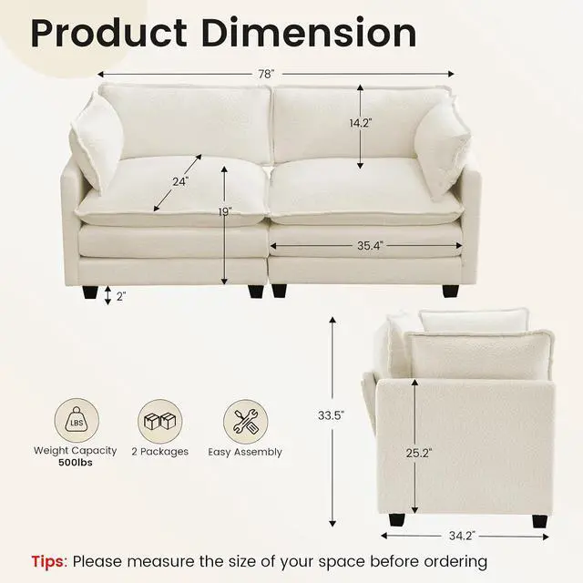 Alt view image 2 of 7 - Modular Loveseat Sectional Sofa, 78" Upholstered Loveseat, 2 Deep Seat Sofa Couch with 2 Throw Pillows for Small Space, Modern Comfy Cloud Couch for Living Room, Chenille, Beige