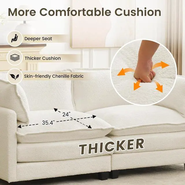 Alt view image 3 of 7 - Modular Loveseat Sectional Sofa, 78" Upholstered Loveseat, 2 Deep Seat Sofa Couch with 2 Throw Pillows for Small Space, Modern Comfy Cloud Couch for Living Room, Chenille, Beige