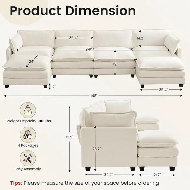 Alt view image 2 of 7 - Oversized Modular Sectional Couch with 2 Movable Ottoman, 148" Modern Convertible U Shaped Sofa Set, 4 Seat Comfy Cloud Couch with 2 Throw Pillows, for Living Room and Office, Chenille, Beige