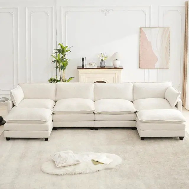 Main image of Oversized Modular Sectional Couch with 2 Movable Ottoman, 148" Modern Convertible U Shaped Sofa Set, 4 Seat Comfy Cloud Couch with 2 Throw Pillows, for Living Room and Office, Chenille, Beige