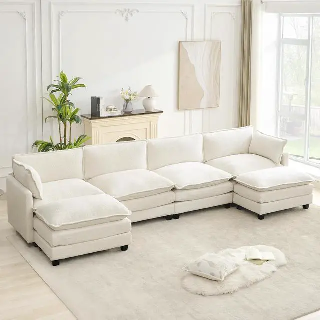 Alt view image 3 of 7 - Oversized Modular Sectional Couch with 2 Movable Ottoman, 148" Modern Convertible U Shaped Sofa Set, 4 Seat Comfy Cloud Couch with 2 Throw Pillows, for Living Room and Office, Chenille, Beige
