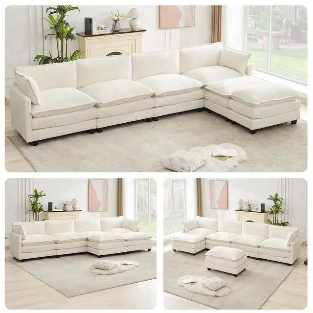Alt view image 5 of 7 - Oversized Modular Sectional Couch with 2 Movable Ottoman, 148" Modern Convertible U Shaped Sofa Set, 4 Seat Comfy Cloud Couch with 2 Throw Pillows, for Living Room and Office, Chenille, Beige