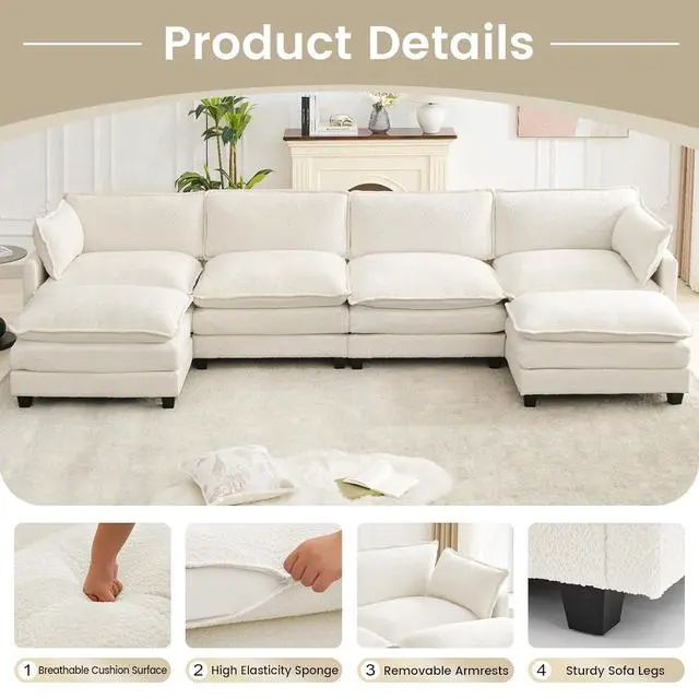 Alt view image 6 of 7 - Oversized Modular Sectional Couch with 2 Movable Ottoman, 148" Modern Convertible U Shaped Sofa Set, 4 Seat Comfy Cloud Couch with 2 Throw Pillows, for Living Room and Office, Chenille, Beige