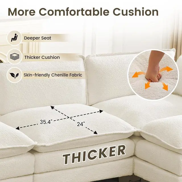 Alt view image 7 of 7 - Oversized Modular Sectional Couch with 2 Movable Ottoman, 148" Modern Convertible U Shaped Sofa Set, 4 Seat Comfy Cloud Couch with 2 Throw Pillows, for Living Room and Office, Chenille, Beige