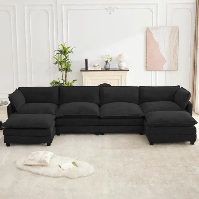 Main image of 148" U-Shaped Cloud Couch for Living Room, Oversized Modern Modular Sectional Sofa with 2 Ottoman, Comfy 6-Seater Deep Seat couches with 2 Throw Pillow for Bedroom Apartment, Chenille Black | Breathab