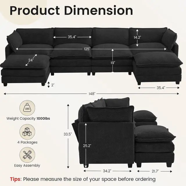 Alt view image 2 of 7 - 148" U-Shaped Cloud Couch for Living Room, Oversized Modern Modular Sectional Sofa with 2 Ottoman, Comfy 6-Seater Deep Seat couches with 2 Throw Pillow for Bedroom Apartment, Chenille Black | Breathab
