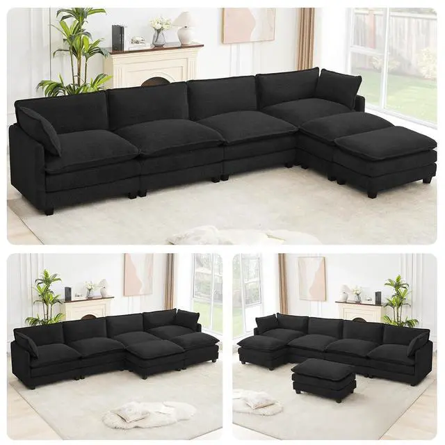 Alt view image 4 of 7 - 148" U-Shaped Cloud Couch for Living Room, Oversized Modern Modular Sectional Sofa with 2 Ottoman, Comfy 6-Seater Deep Seat couches with 2 Throw Pillow for Bedroom Apartment, Chenille Black | Breathab