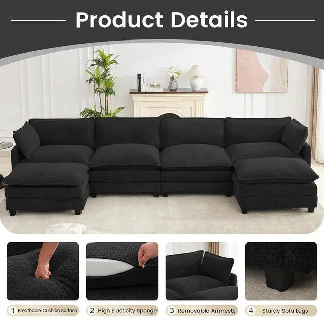 Alt view image 5 of 7 - 148" U-Shaped Cloud Couch for Living Room, Oversized Modern Modular Sectional Sofa with 2 Ottoman, Comfy 6-Seater Deep Seat couches with 2 Throw Pillow for Bedroom Apartment, Chenille Black | Breathab