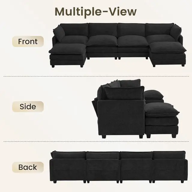 Alt view image 7 of 7 - 148" U-Shaped Cloud Couch for Living Room, Oversized Modern Modular Sectional Sofa with 2 Ottoman, Comfy 6-Seater Deep Seat couches with 2 Throw Pillow for Bedroom Apartment, Chenille Black | Breathab