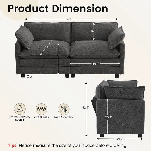 Alt view image 2 of 7 - 78" Cloud Loveseat Couch, Oversized Modern Modular Sectional Love Seat Couches, Comfy 2-Seater Deep Seat couches with 2 Throw Pillow for Small Spaces, Bedroom Apartment, Chenille Dark Grey | Breathabl