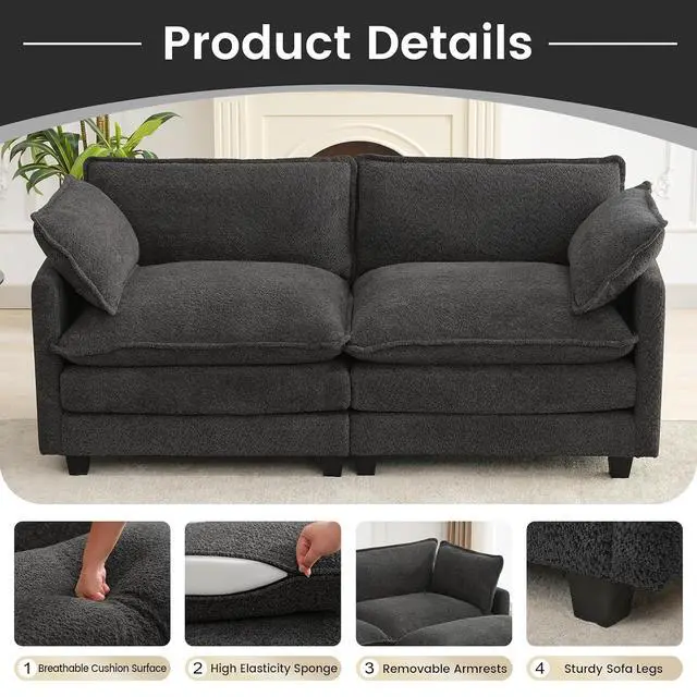 Alt view image 6 of 7 - 78" Cloud Loveseat Couch, Oversized Modern Modular Sectional Love Seat Couches, Comfy 2-Seater Deep Seat couches with 2 Throw Pillow for Small Spaces, Bedroom Apartment, Chenille Dark Grey | Breathabl