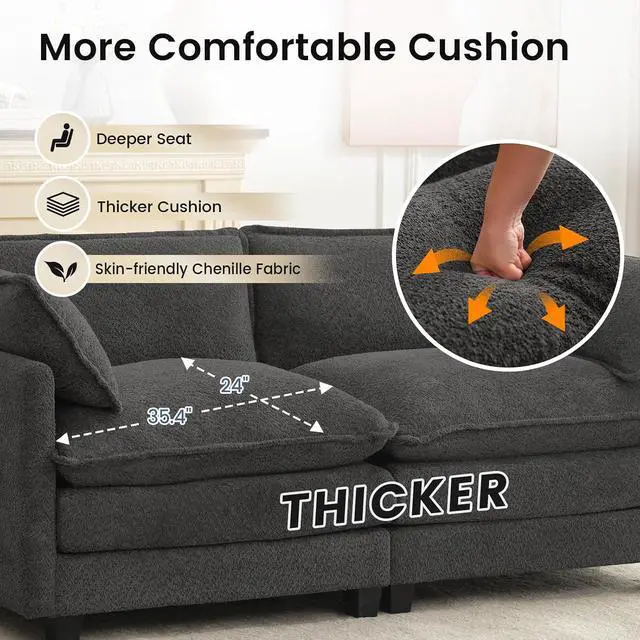 Alt view image 7 of 7 - 78" Cloud Loveseat Couch, Oversized Modern Modular Sectional Love Seat Couches, Comfy 2-Seater Deep Seat couches with 2 Throw Pillow for Small Spaces, Bedroom Apartment, Chenille Dark Grey | Breathabl