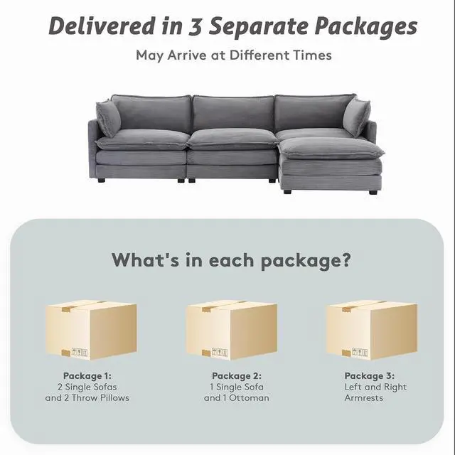 Alt view image 3 of 7 - 112" L-Shaped Cloud Couch for Living Room, Oversized Modern Modular Sectional Sofa with Ottoman, Comfy 4-Seater Deep Seat couches with 2 Throw Pillow for Bedroom Apartment, Corduroy Dark Grey