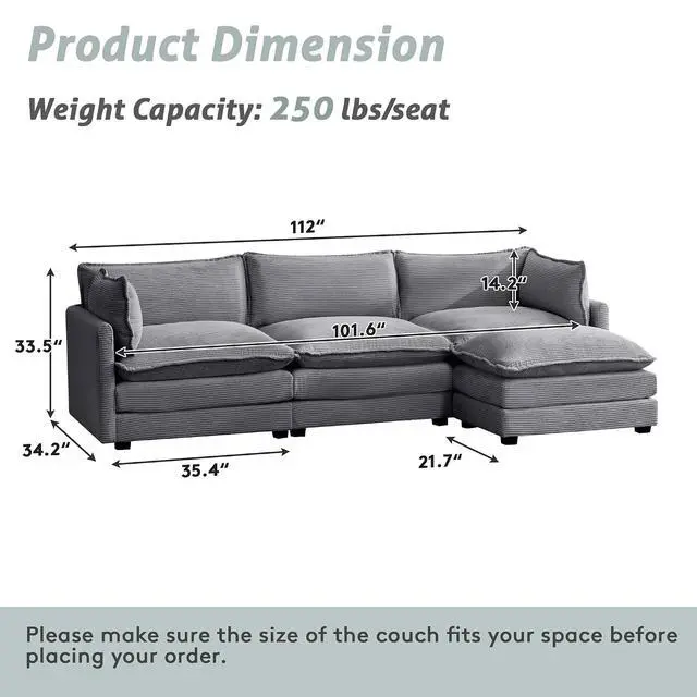 Alt view image 2 of 7 - 112" L-Shaped Cloud Couch for Living Room, Oversized Modern Modular Sectional Sofa with Ottoman, Comfy 4-Seater Deep Seat couches with 2 Throw Pillow for Bedroom Apartment, Corduroy Dark Grey