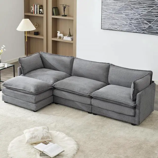 Main image of 112" L-Shaped Cloud Couch for Living Room, Oversized Modern Modular Sectional Sofa with Ottoman, Comfy 4-Seater Deep Seat couches with 2 Throw Pillow for Bedroom Apartment, Corduroy Dark Grey