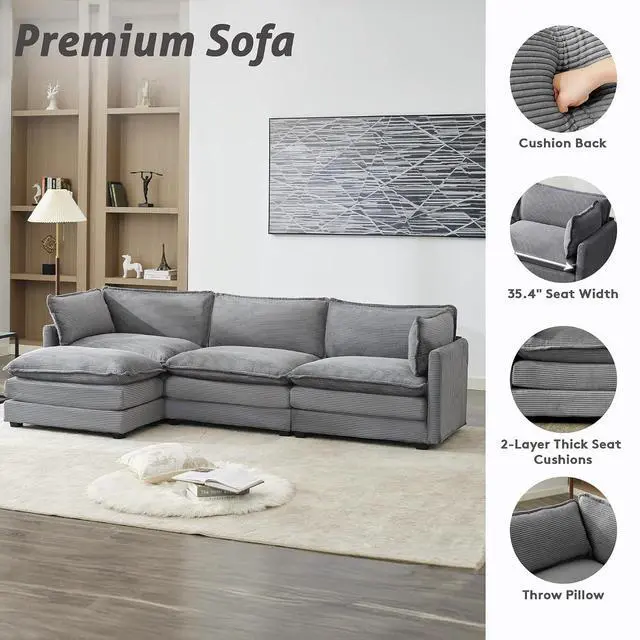Alt view image 4 of 7 - 112" L-Shaped Cloud Couch for Living Room, Oversized Modern Modular Sectional Sofa with Ottoman, Comfy 4-Seater Deep Seat couches with 2 Throw Pillow for Bedroom Apartment, Corduroy Dark Grey