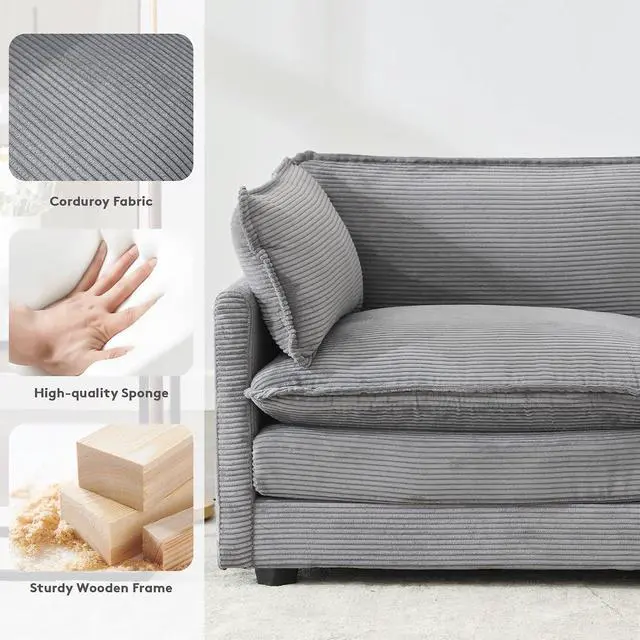 Alt view image 5 of 7 - 112" L-Shaped Cloud Couch for Living Room, Oversized Modern Modular Sectional Sofa with Ottoman, Comfy 4-Seater Deep Seat couches with 2 Throw Pillow for Bedroom Apartment, Corduroy Dark Grey