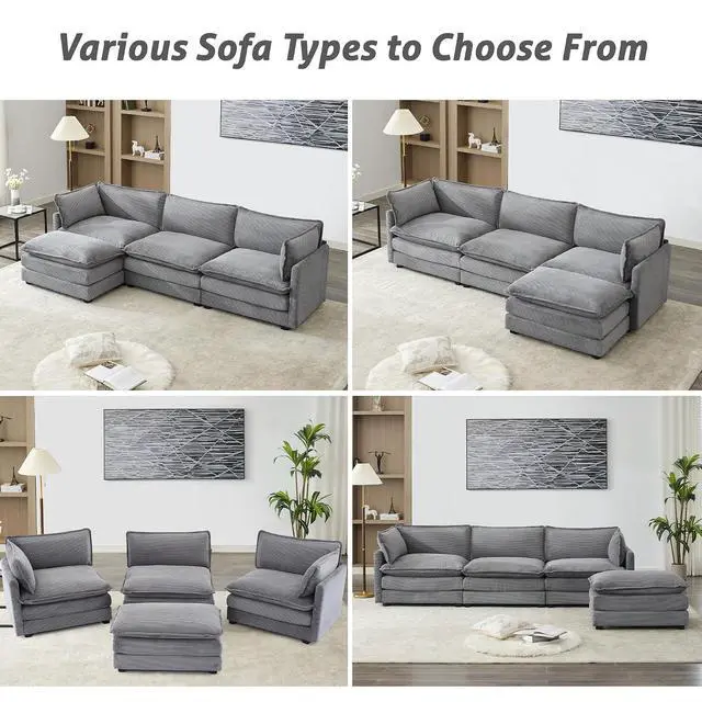 Alt view image 7 of 7 - 112" L-Shaped Cloud Couch for Living Room, Oversized Modern Modular Sectional Sofa with Ottoman, Comfy 4-Seater Deep Seat couches with 2 Throw Pillow for Bedroom Apartment, Corduroy Dark Grey