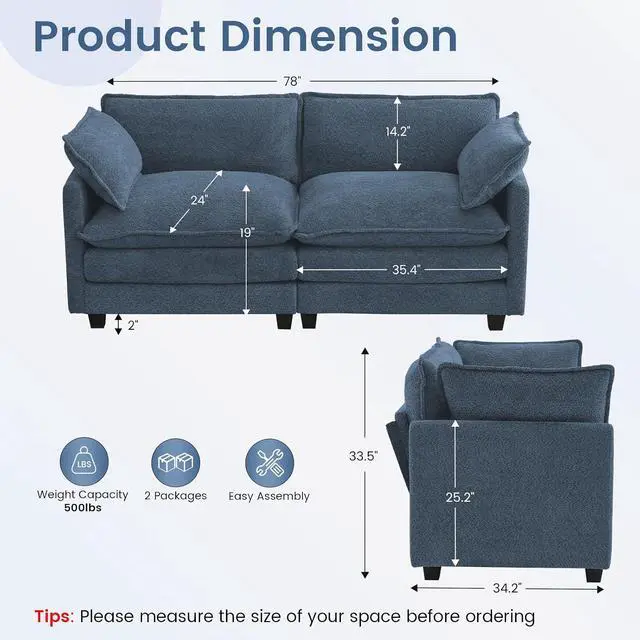 Alt view image 2 of 7 - Modular Loveseat Sectional Sofa, 78" Upholstered Loveseat, 2 Deep Seat Sofa Couch with 2 Throw Pillows for Small Space, Modern Comfy Cloud Couch for Living Room, Chenille, Royal Blue