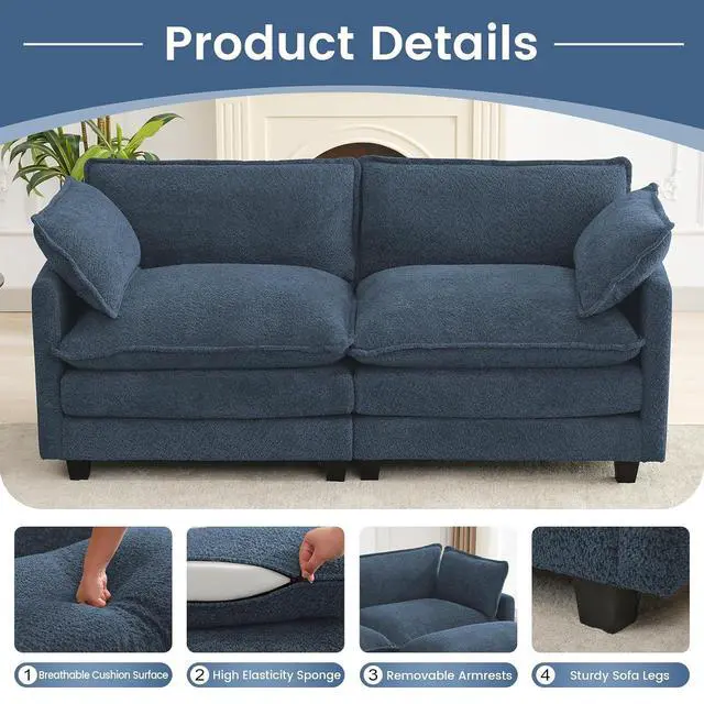 Alt view image 6 of 7 - Modular Loveseat Sectional Sofa, 78" Upholstered Loveseat, 2 Deep Seat Sofa Couch with 2 Throw Pillows for Small Space, Modern Comfy Cloud Couch for Living Room, Chenille, Royal Blue