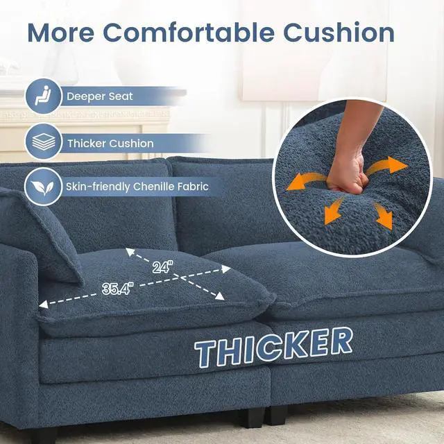 Alt view image 7 of 7 - Modular Loveseat Sectional Sofa, 78" Upholstered Loveseat, 2 Deep Seat Sofa Couch with 2 Throw Pillows for Small Space, Modern Comfy Cloud Couch for Living Room, Chenille, Royal Blue