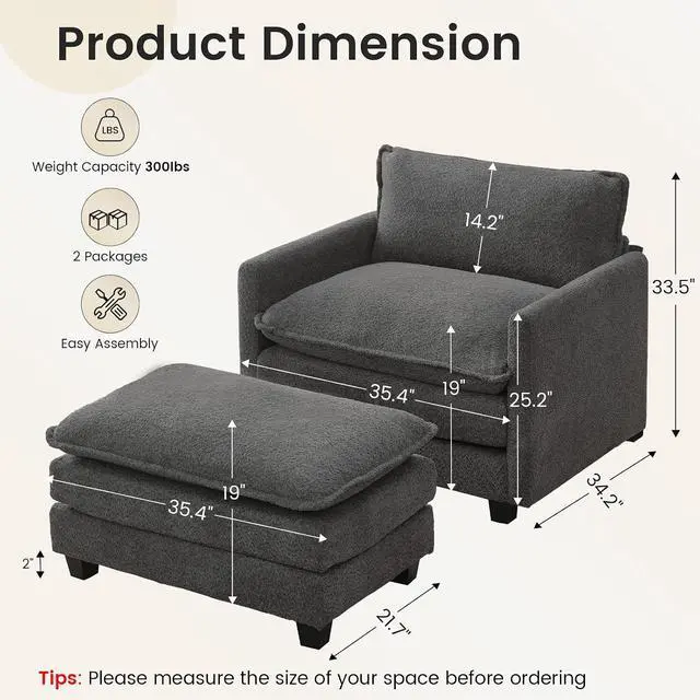 Alt view image 2 of 7 - Convertible Sectional Couch with Ottoman, Single Armchair with armrests, Modern Living Room Furniture Set, Small Couches for Small Spaces, for Living Room, Chenille, Charcoal Grey