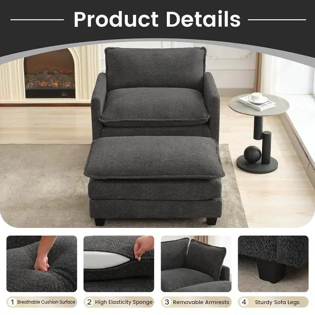 Alt view image 6 of 7 - Convertible Sectional Couch with Ottoman, Single Armchair with armrests, Modern Living Room Furniture Set, Small Couches for Small Spaces, for Living Room, Chenille, Charcoal Grey